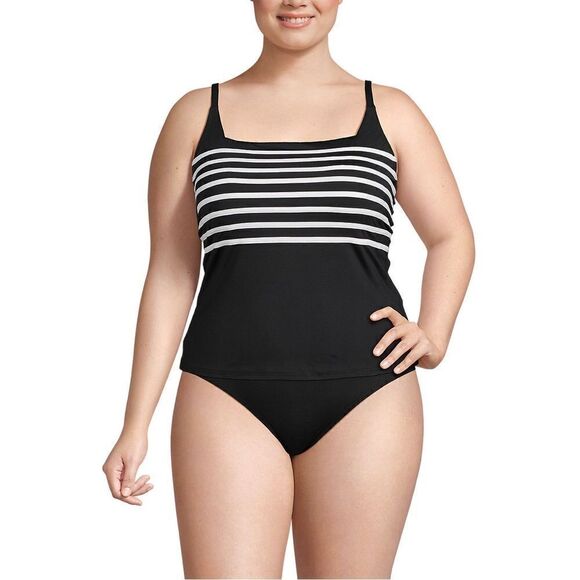 Land's End plus size square neck mod length black white stripes tankini top 1X - Picture 3 of 5